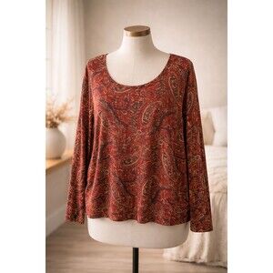 Chaps Women's Plus 3X Red Paisley Long Sleeve Blouse Viscose Stretch